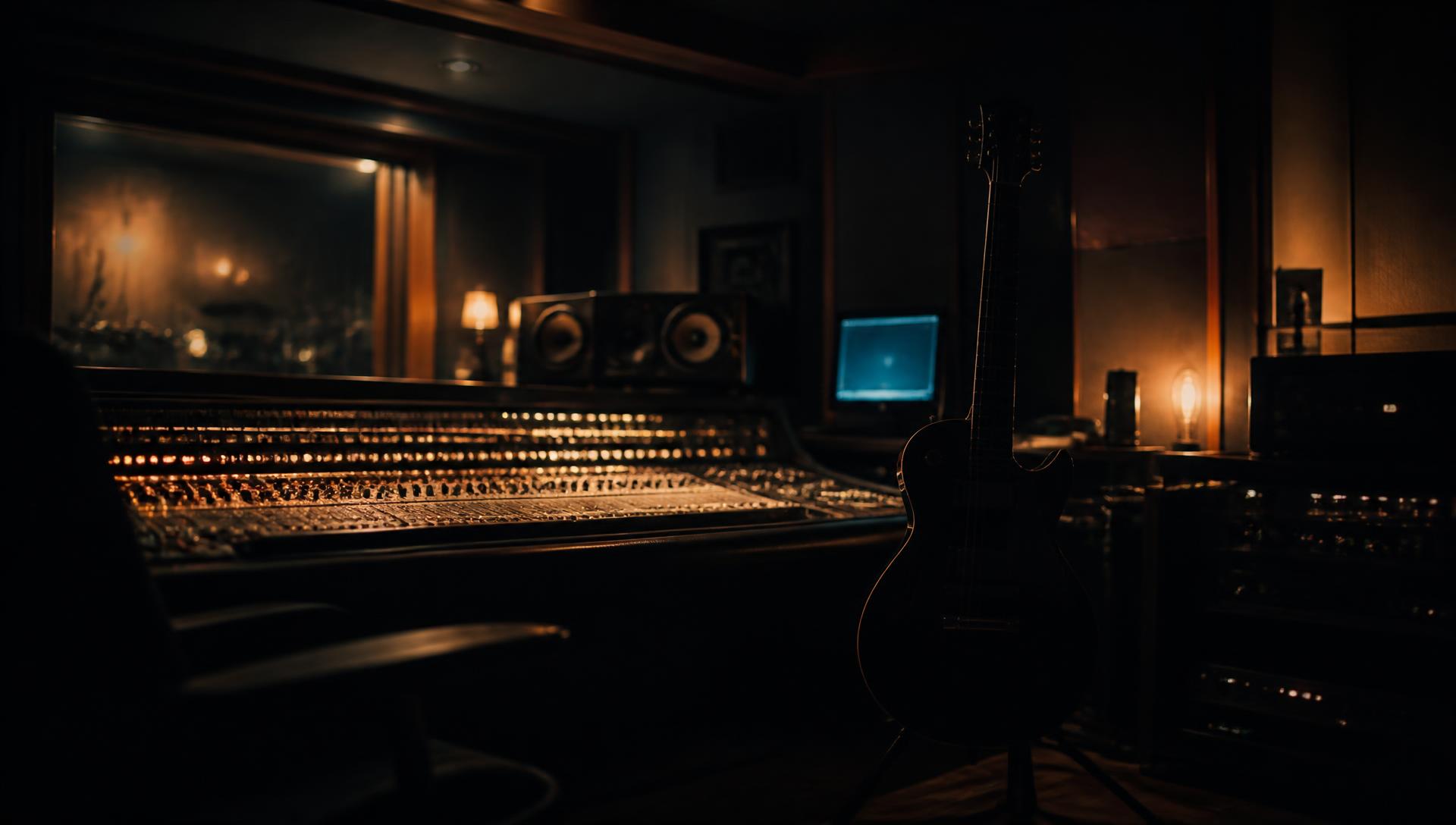 A dimly lit recording studio with a glowing mixing console and an electric guitar